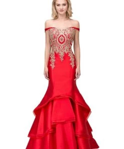Starbox Off Shoulder Mermaid Gown With Gold Appliques By Star Box 17316 Prom
