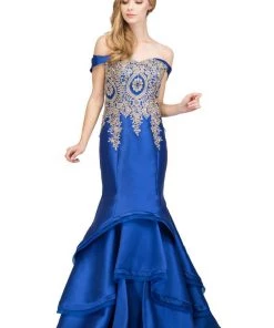 Starbox Off Shoulder Mermaid Gown With Gold Appliques By Star Box 17316 Prom