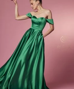 Prom Off Shoulder Satin Pocket Gown By Nox Anabel R1032