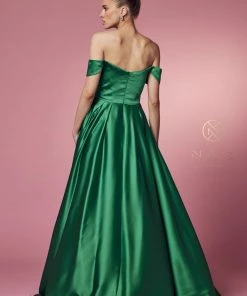 Prom Off Shoulder Satin Pocket Gown By Nox Anabel R1032
