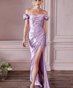 Prom Off Shoulder Shiny Satin Gown By Cinderella Divine KV1056