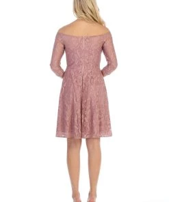 Off Shoulder Short Lace Dress With Mid-Sleeves By Celavie 6343-S