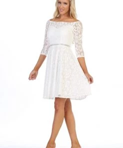 Off Shoulder Short Lace Dress With Mid-Sleeves By Celavie 6343-S