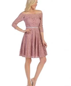 Off Shoulder Short Lace Dress With Mid-Sleeves By Celavie 6343-S