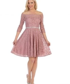 Off Shoulder Short Lace Dress With Mid-Sleeves By Celavie 6343-S