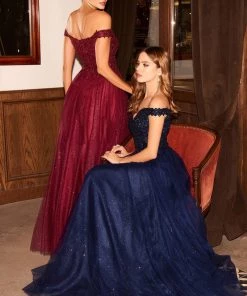 Off Shoulder Tulle Gown By Cinderella Divine CD0177 Prom