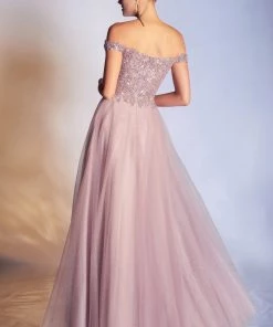 Off Shoulder Tulle Gown By Cinderella Divine CD0177 Prom