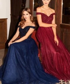 Off Shoulder Tulle Gown By Cinderella Divine CD0177 Prom