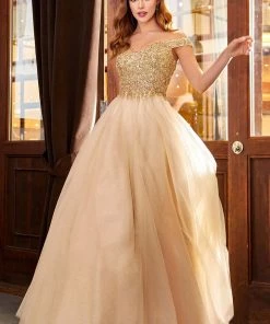 Off Shoulder Tulle Gown By Cinderella Divine CD0177 Prom