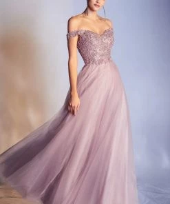 Off Shoulder Tulle Gown By Cinderella Divine CD0177 Prom