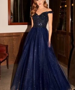 Off Shoulder Tulle Gown By Cinderella Divine CD0177 Prom