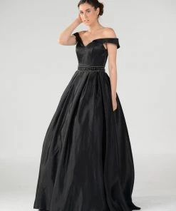 Off The Shoulder A-line Gown With Beaded Waist By Poly USA 7936 Prom