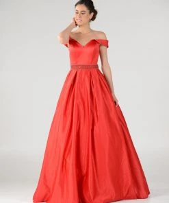 Off The Shoulder A-line Gown With Beaded Waist By Poly USA 7936 Prom