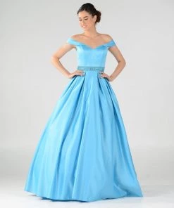 Off The Shoulder A-line Gown With Beaded Waist By Poly USA 7936 Prom