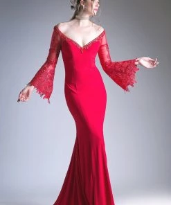 Prom Off Shoulder Dress With Lace Bell Sleeves By Cinderella Divine 71272