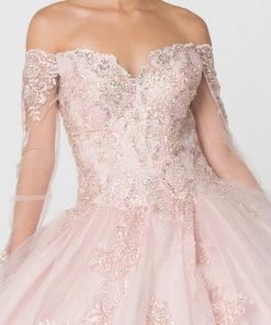 Off The Shoulder Glitter Ball Gown With Sleeves By Elizabeth K GL2603