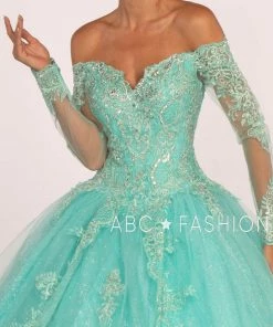 Off The Shoulder Glitter Ball Gown With Sleeves By Elizabeth K GL2603