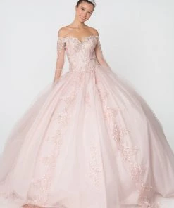Off The Shoulder Glitter Ball Gown With Sleeves By Elizabeth K GL2603