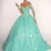 Off The Shoulder Glitter Ball Gown With Sleeves By Elizabeth K GL2603