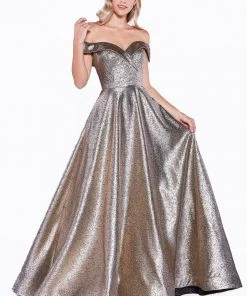 Prom Off Shoulder Metallic Glitter Gown By Cinderella Divine CJ268