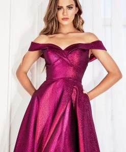Prom Off Shoulder Metallic Glitter Gown By Cinderella Divine CJ268