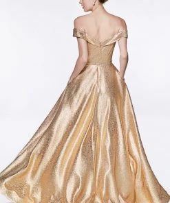 Prom Off Shoulder Metallic Glitter Gown By Cinderella Divine CJ268