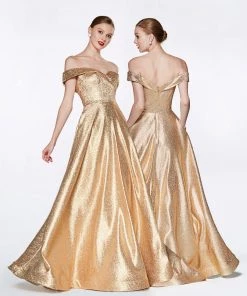 Prom Off Shoulder Metallic Glitter Gown By Cinderella Divine CJ268
