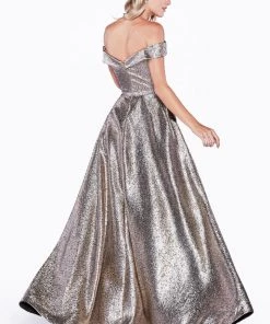 Prom Off Shoulder Metallic Glitter Gown By Cinderella Divine CJ268