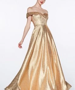 Prom Off Shoulder Metallic Glitter Gown By Cinderella Divine CJ268