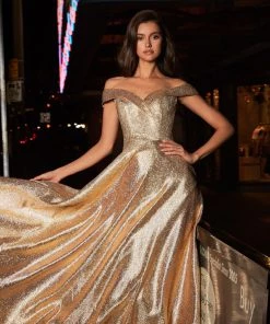 Prom Off Shoulder Metallic Glitter Gown By Cinderella Divine CJ268