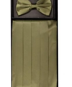 Vesuvio Napoli Men Olive Green Silk Satin Cummerbund And Bow Tie Set
