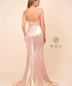 Prom One Shoulder Iridescent Metallic Gown By Nox Anabel M327
