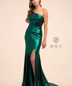 Prom One Shoulder Iridescent Metallic Gown By Nox Anabel M327