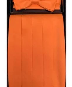 Vesuvio Napoli Men Orange Poly Satin Cummerbund, Bow Tie, And Hanky Set