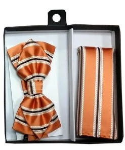 Vesuvio Napoli Orange Striped Bow Tie With Pocket Square (Pointed Tip) Men