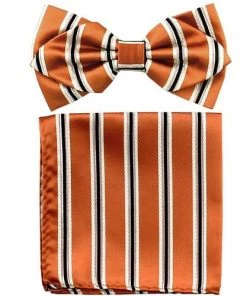 Vesuvio Napoli Orange Striped Bow Tie With Pocket Square (Pointed Tip) Men