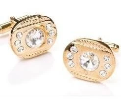 ABC Fashion Oval Gold Cufflinks With Clear Crystals Men