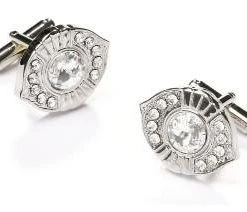 ABC Fashion Oval Silver Cufflinks With Clear Crystals Men
