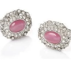 ABC Fashion Oval Silver Cufflinks With Pink Stone And Clear Crystals Men