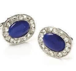 ABC Fashion Oval Silver Cufflinks With Sapphire Stone And Crystals Men