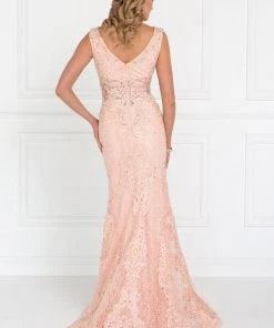 Prom Peach Lace Mermaid Gown With Sheer Cutouts By Elizabeth K GL1533