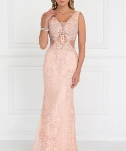 Prom Peach Lace Mermaid Gown With Sheer Cutouts By Elizabeth K GL1533