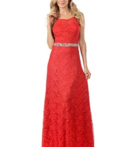 Lenovia Peach Long Sequined Lace Dress With Lace Caplet