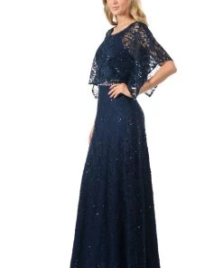 Lenovia Peach Long Sequined Lace Dress With Lace Caplet