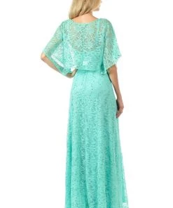 Lenovia Peach Long Sequined Lace Dress With Lace Caplet