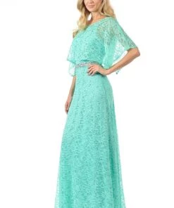 Lenovia Peach Long Sequined Lace Dress With Lace Caplet