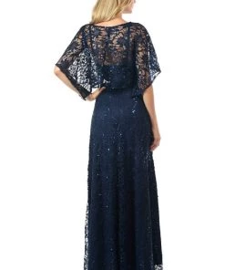 Lenovia Peach Long Sequined Lace Dress With Lace Caplet