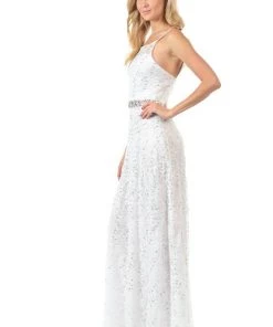 Lenovia Peach Long Sequined Lace Dress With Lace Caplet