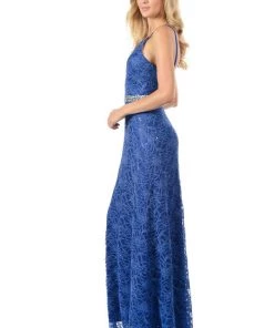 Lenovia Peach Long Sequined Lace Dress With Lace Caplet