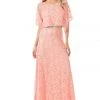 Lenovia Peach Long Sequined Lace Dress With Lace Caplet